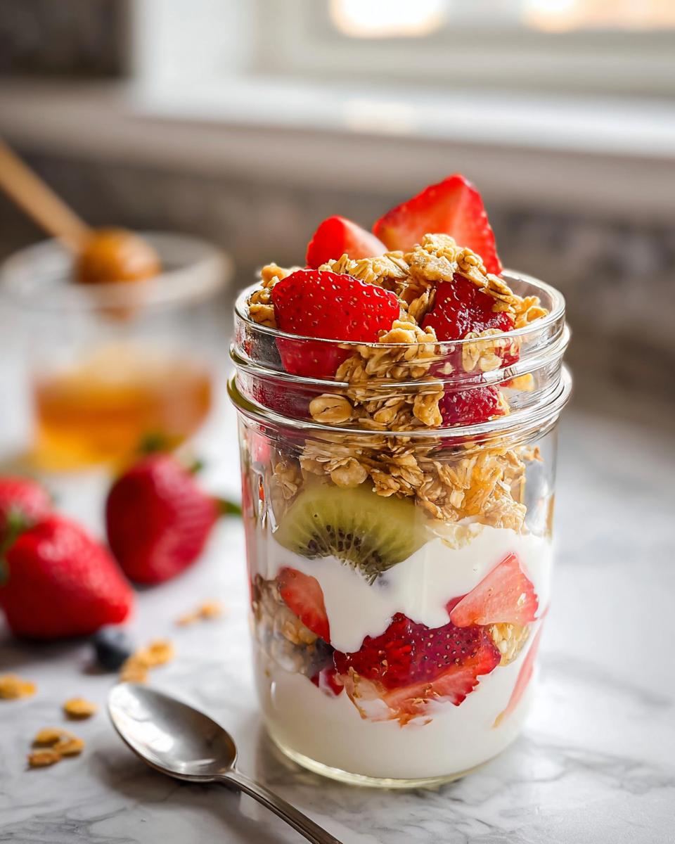 Close-up of layered Breakfast Parfaits (Meal Prep) in a jar with yogurt, granola, strawberries, and kiwi.
