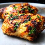 Close-up of two juicy Garlic Butter Baked Chicken Thighs, perfectly browned and topped with green herbs.
