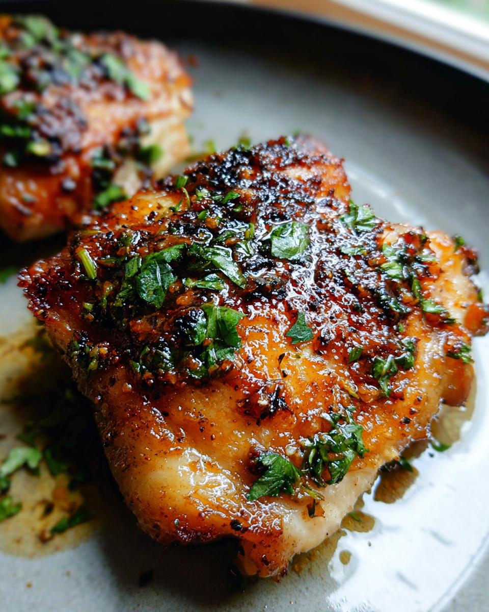 Close-up of a perfectly baked Garlic Butter Baked Chicken Thighs piece with crispy skin and fresh parsley.