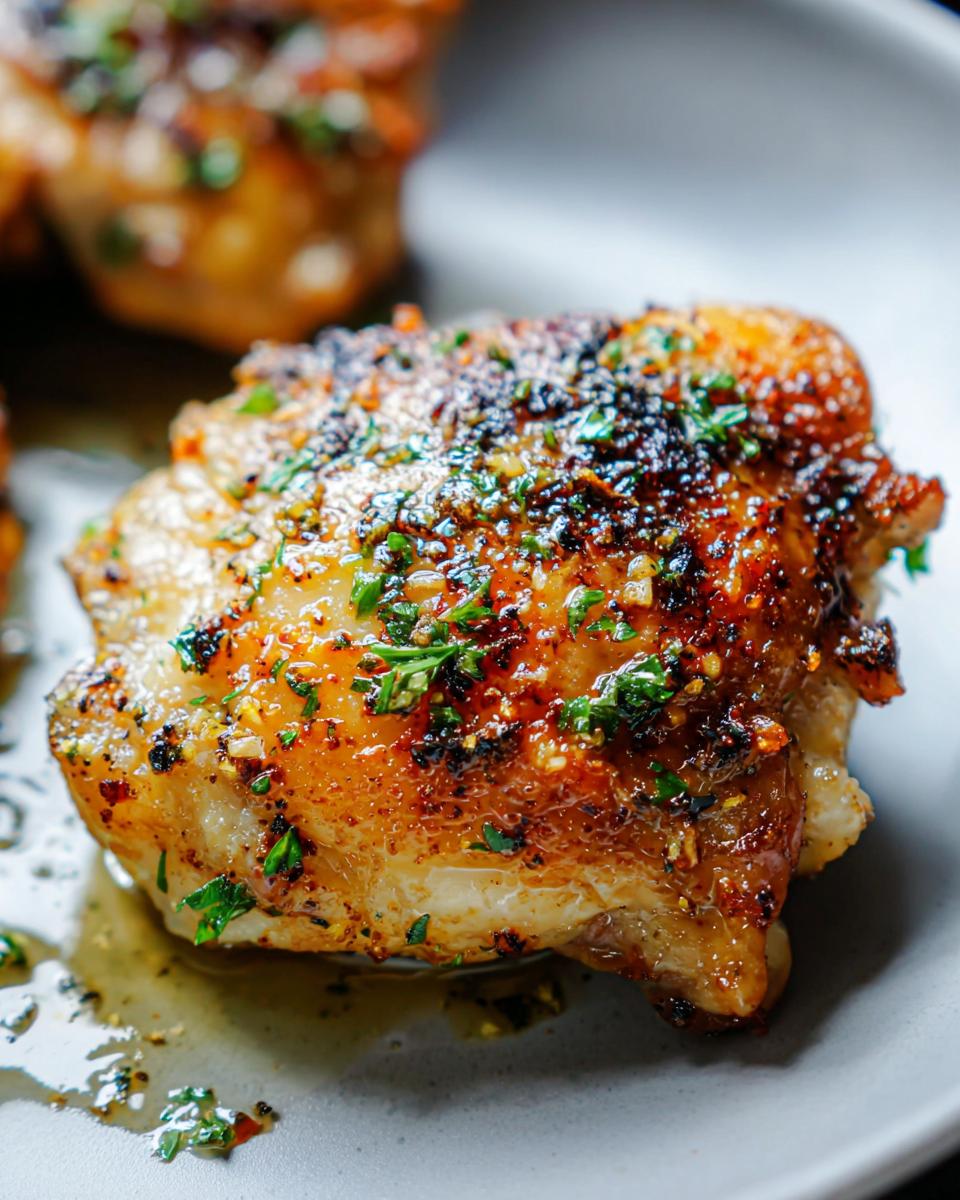 Close-up of a perfectly baked Garlic Butter Baked Chicken Thighs with crispy, browned skin and fresh parsley.