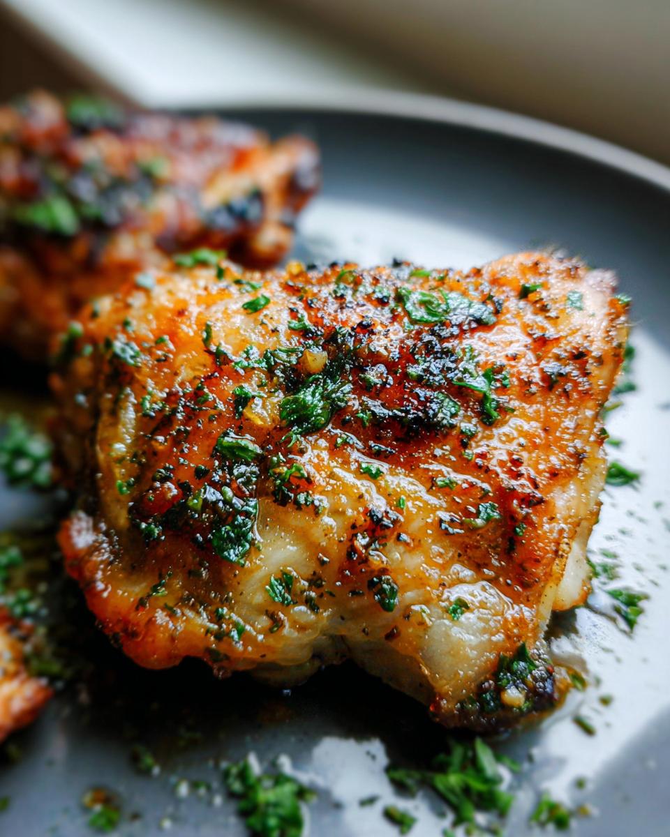 Close-up of a juicy, golden-brown Garlic Butter Baked Chicken Thighs piece topped with fresh parsley.
