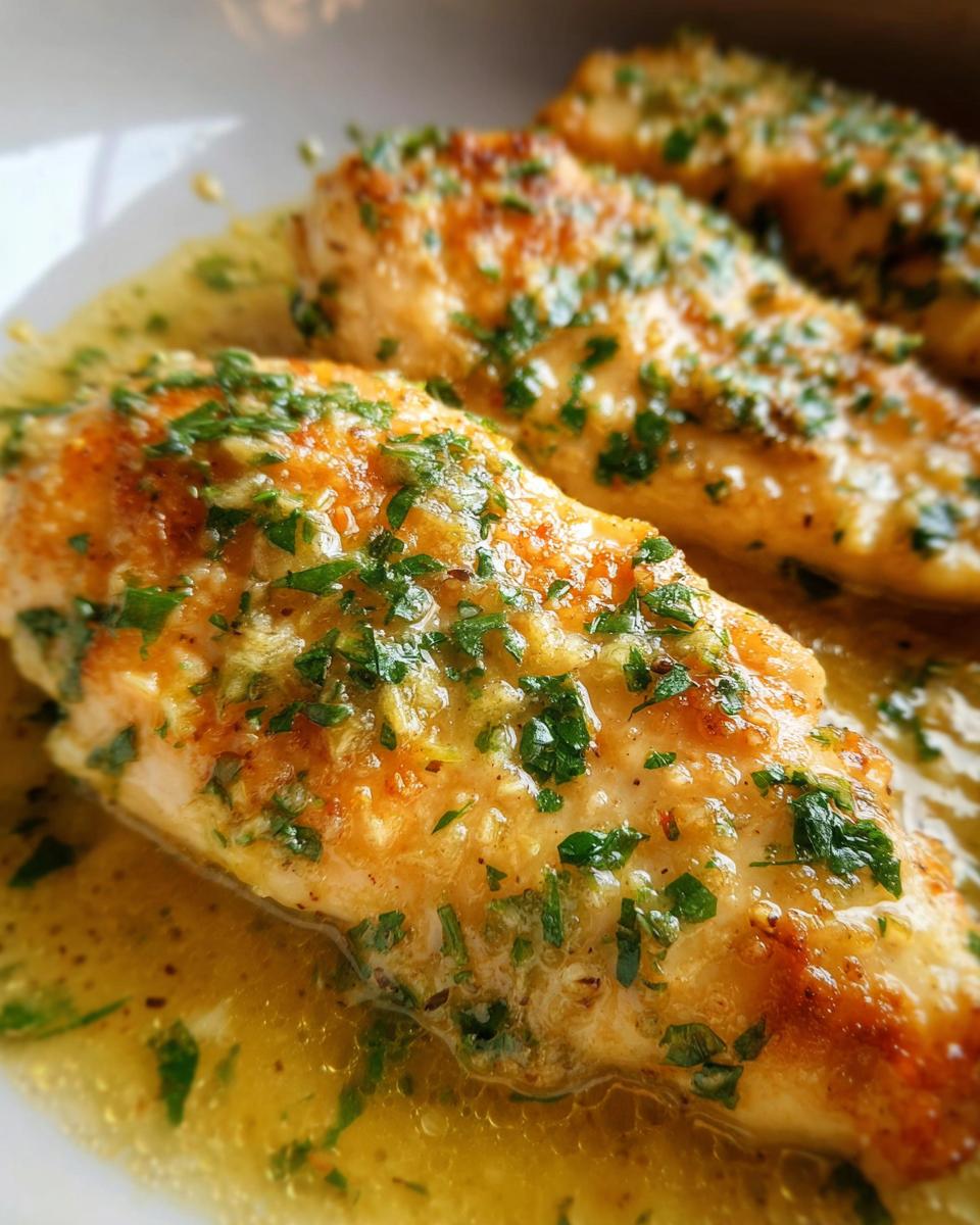 Three golden-brown chicken fillets smothered in rich garlic butter sauce and topped with fresh parsley, ready to serve for Garlic Butter Chicken.