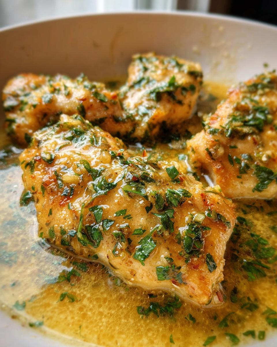 Close-up of three pieces of golden-brown Garlic Butter Chicken smothered in a rich, buttery sauce with fresh green parsley.