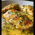 Close-up of seared chicken breasts smothered in rich Garlic Butter Chicken sauce topped with fresh parsley.