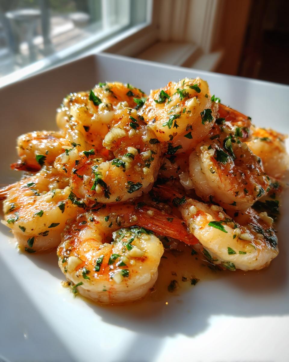 A close-up of succulent shrimp coated in glossy garlic butter sauce and fresh parsley, perfect for Garlic Butter Shrimp Meal Prep.