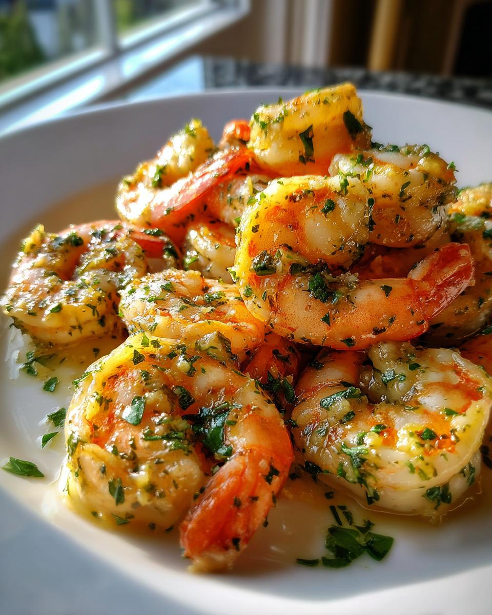 Close-up of succulent shrimp coated in glossy garlic butter sauce and fresh parsley, perfect for Garlic Butter Shrimp Meal Prep.