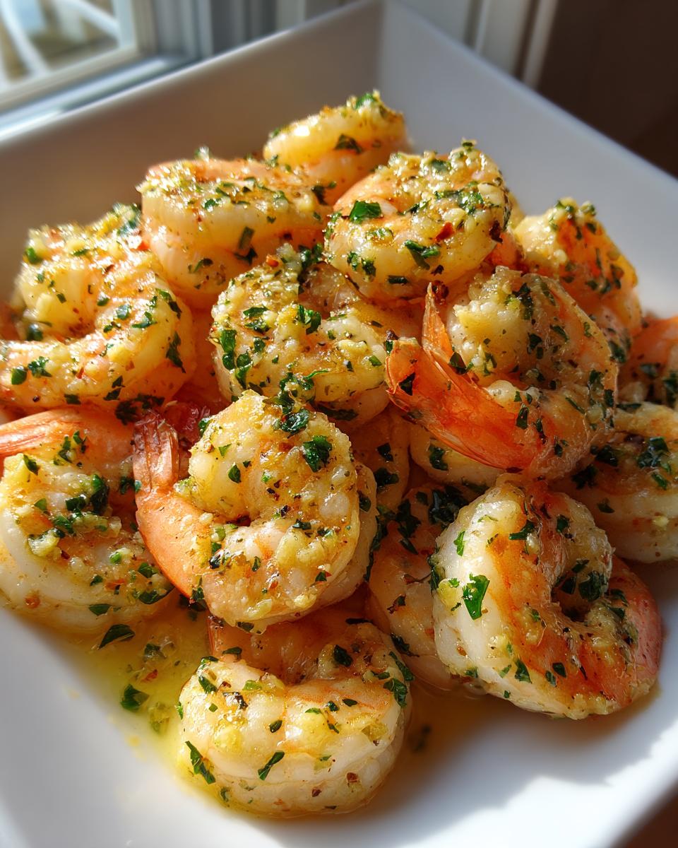 Close-up of plump shrimp coated in garlic butter sauce and fresh parsley, ready for Garlic Butter Shrimp Meal Prep.