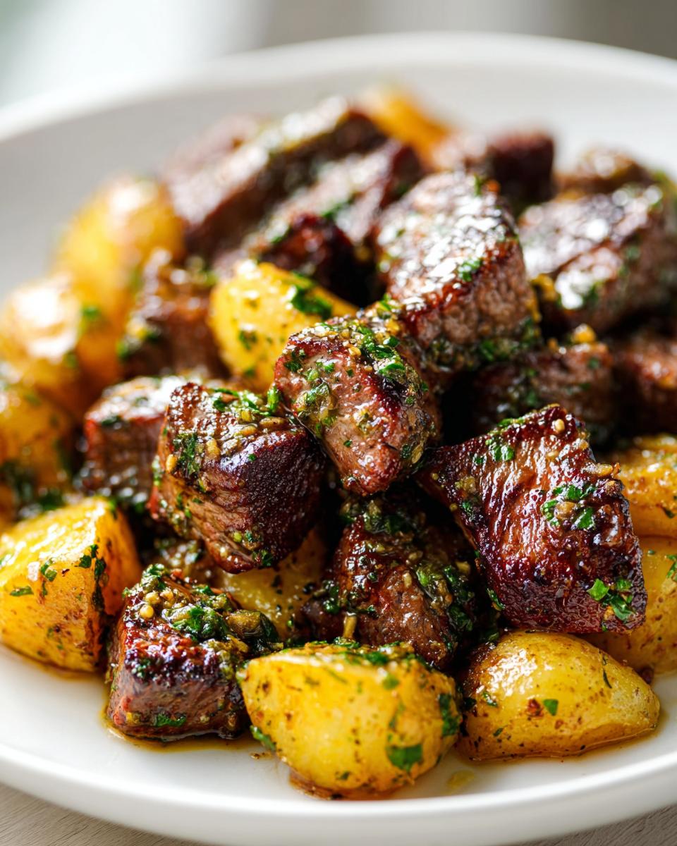 Close-up of juicy, seared cubes of steak mixed with golden roasted potatoes coated in garlic butter sauce.
