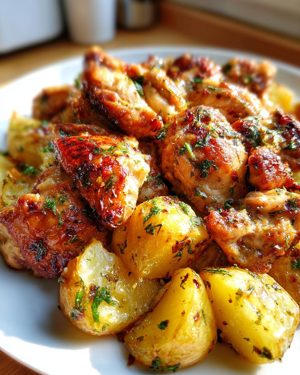 Close-up of golden-brown pieces of Garlic Parmesan Chicken and Potatoes, seasoned with herbs.