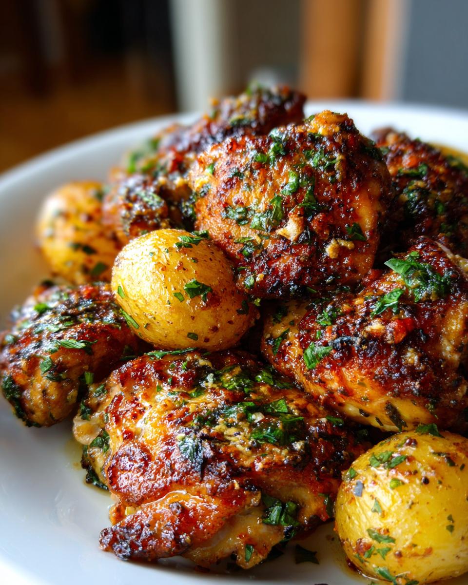 Close-up of crispy, baked Garlic Parmesan Chicken and Potatoes garnished with fresh parsley.