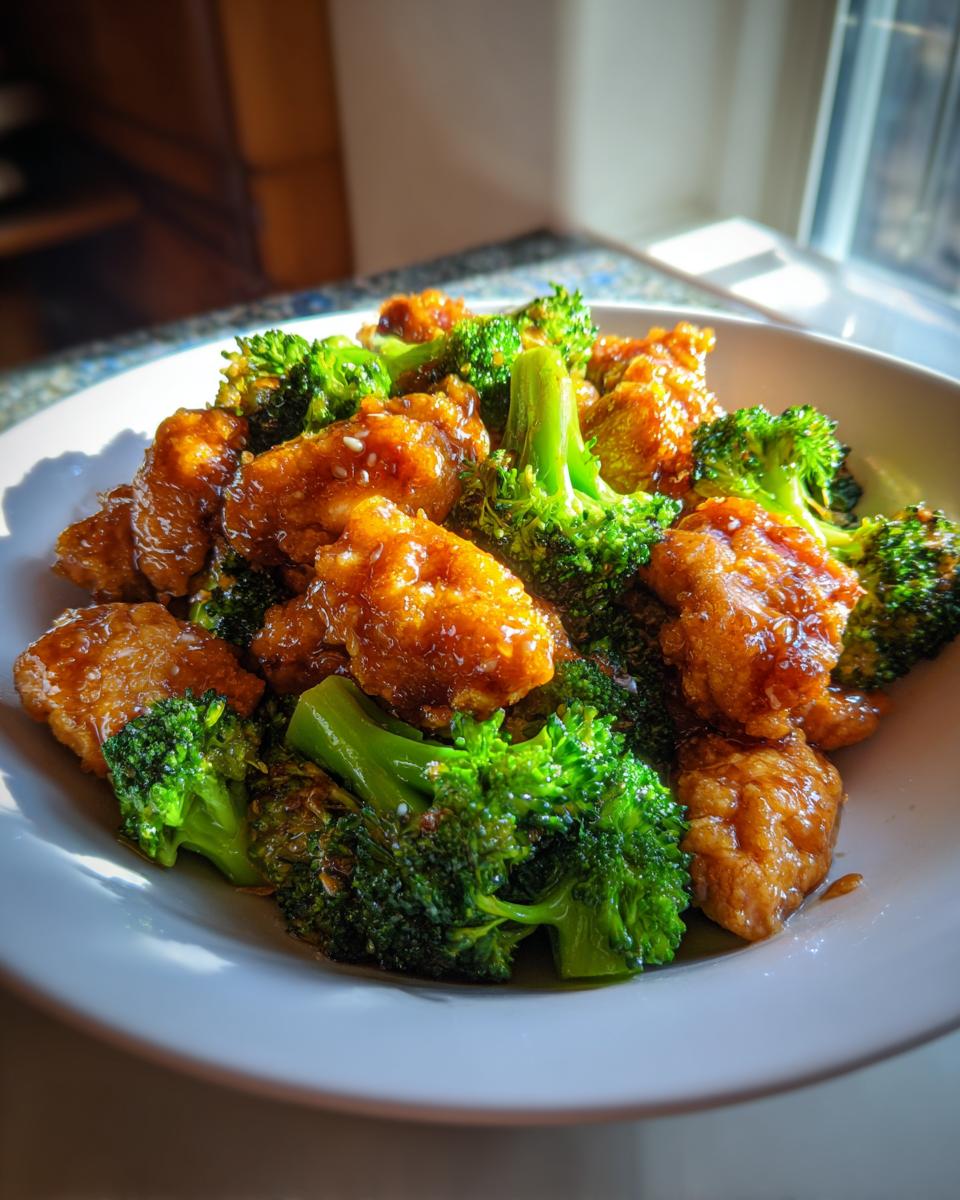 A bowl of sticky, glazed chicken and bright green broccoli, perfect for Easy Weeknight Dinners That Even the Kids Will Eat.