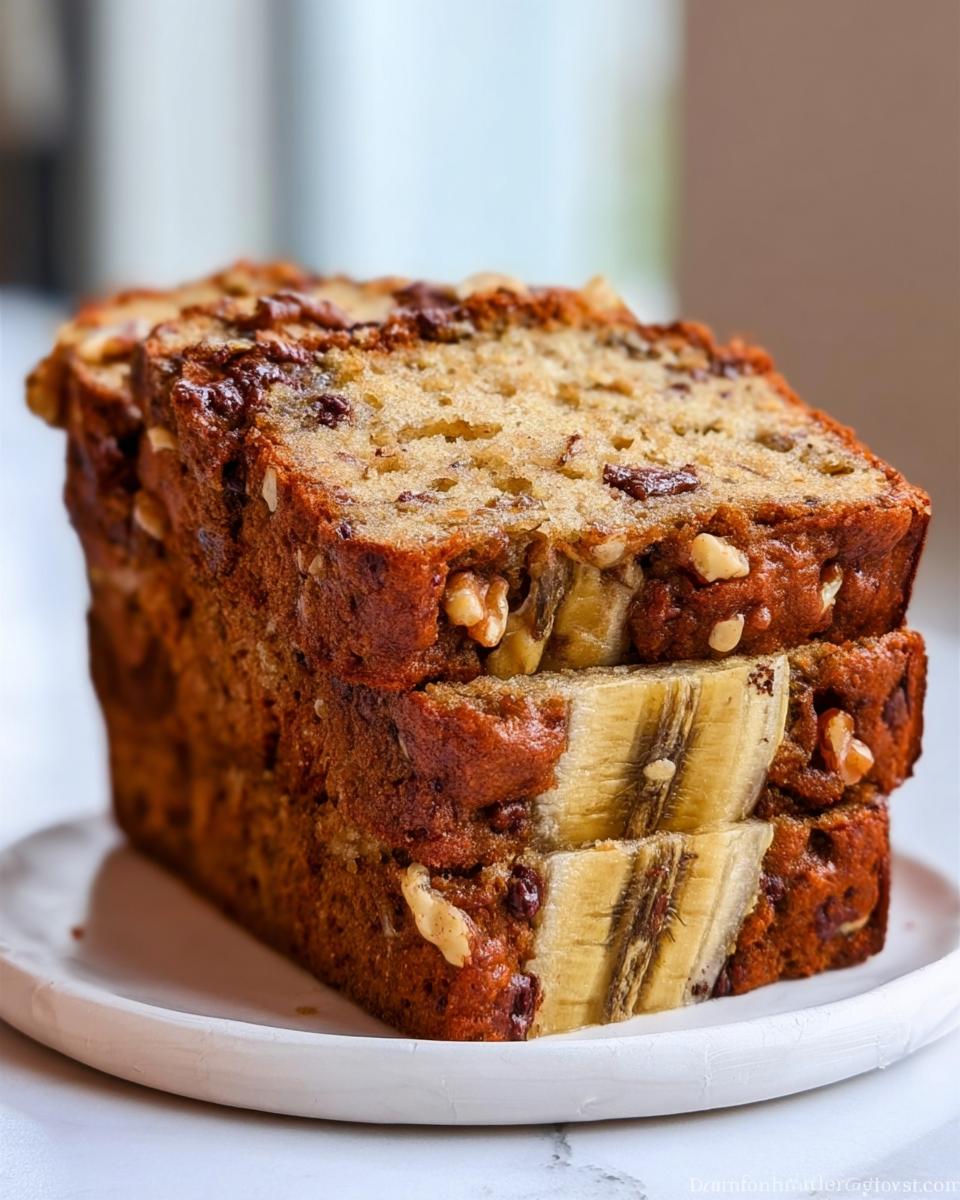 Three stacked slices of moist Greek Yogurt Banana Bread featuring visible banana slices and walnuts.