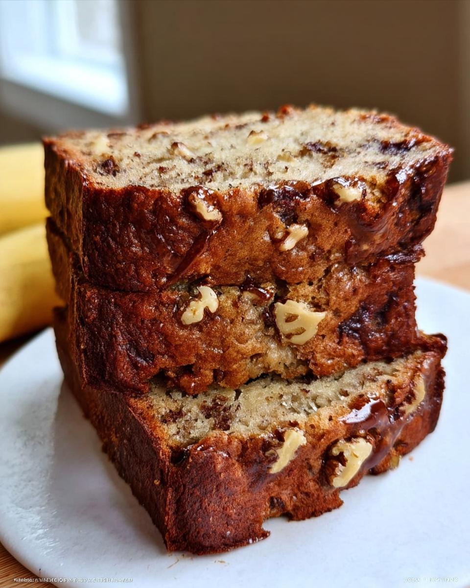 Three stacked slices of moist Greek Yogurt Banana Bread, topped with walnuts and a shiny glaze.
