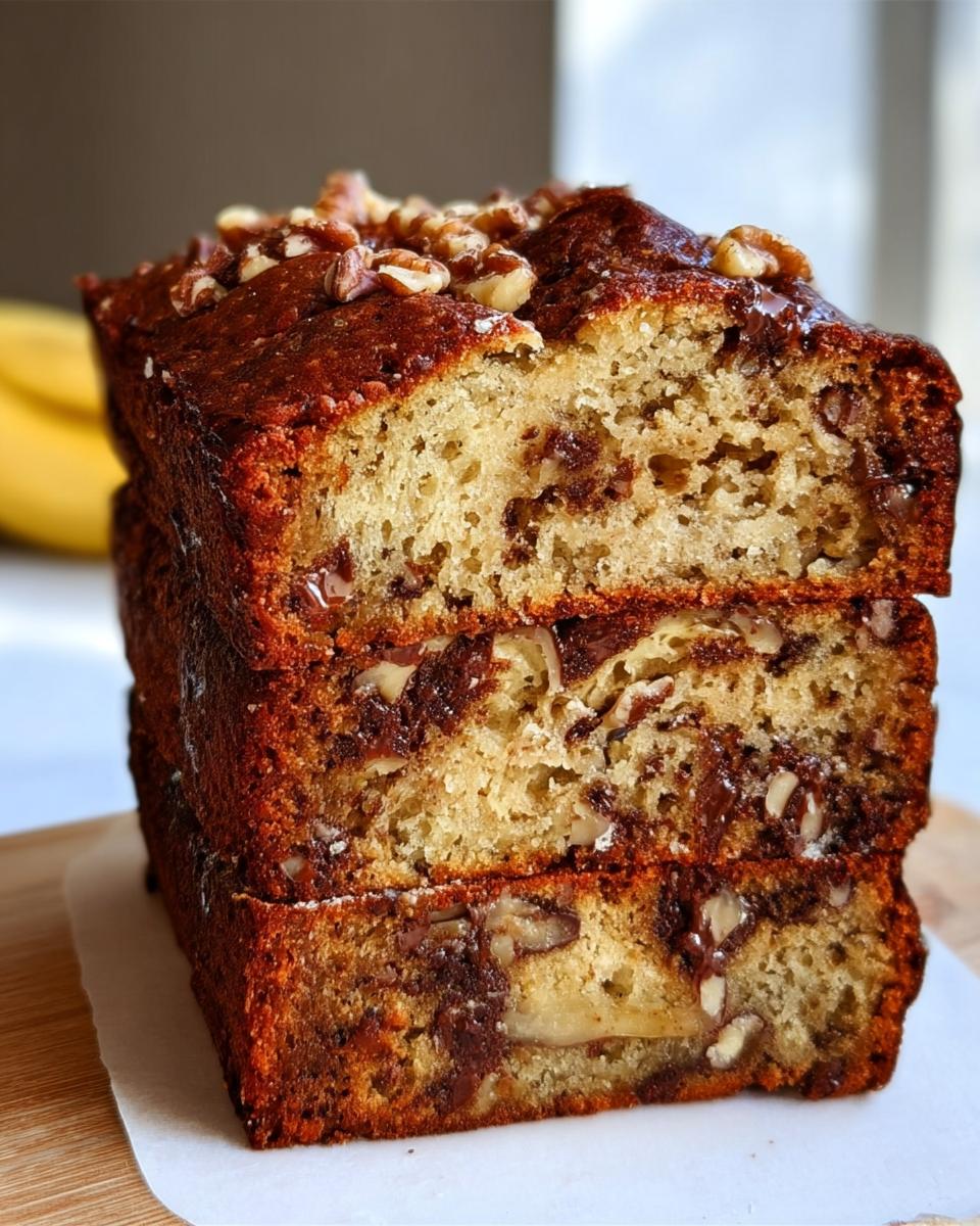 Three stacked slices of moist Greek Yogurt Banana Bread, studded with chocolate chips and topped with pecans.