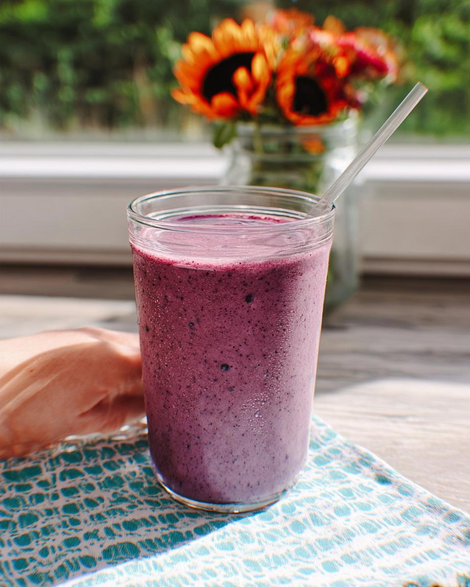 A tall glass filled with a thick, purple, healthy 5-Ingredient Smoothie Packs drink, sitting on a patterned napkin.