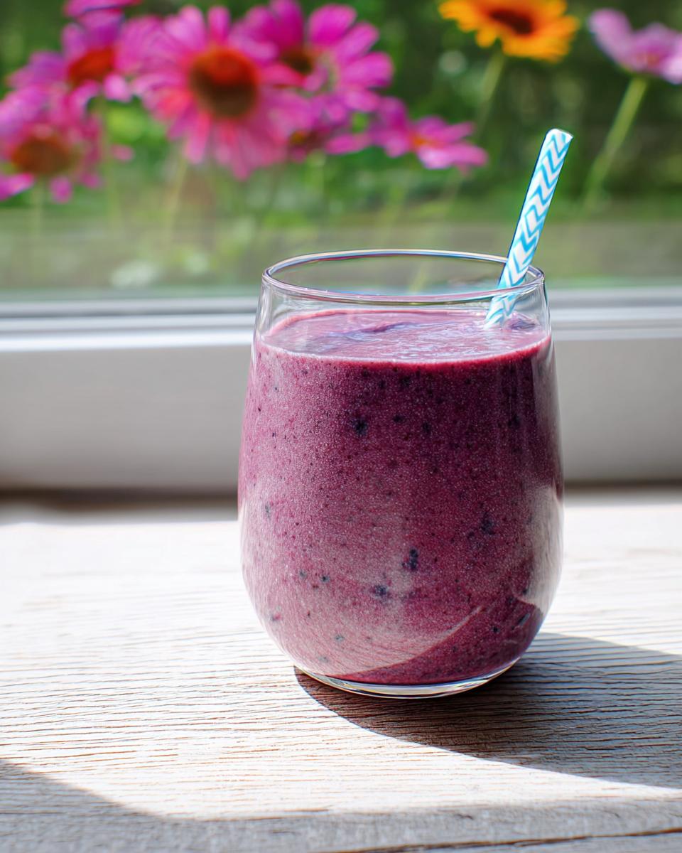 A glass of thick, purple smoothie with a blue and white striped straw, set on a wooden surface near a window with flowers outside.