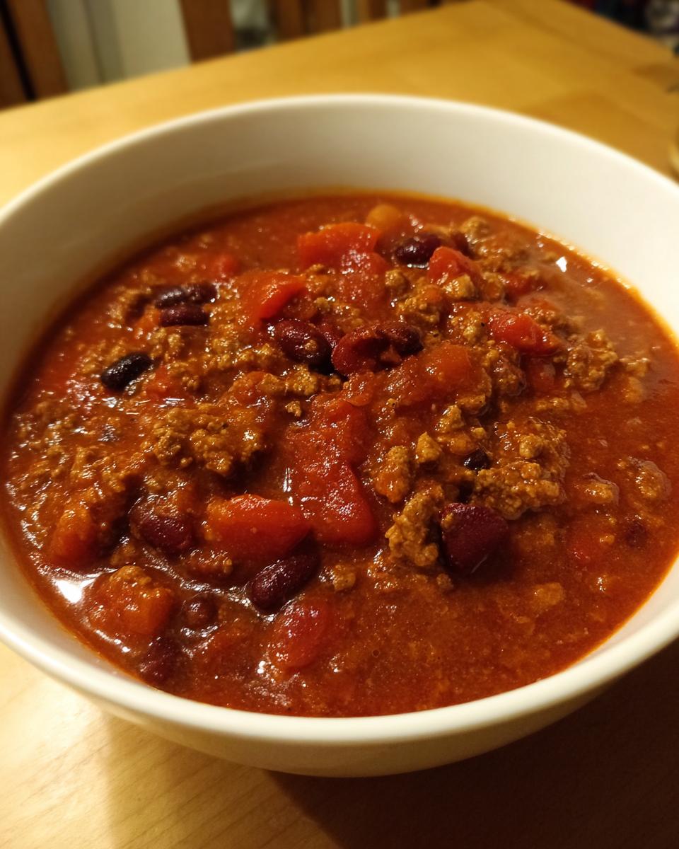 Close-up of a white bowl filled with rich, hearty Healthy Turkey Chili featuring ground meat, beans, and tomatoes.