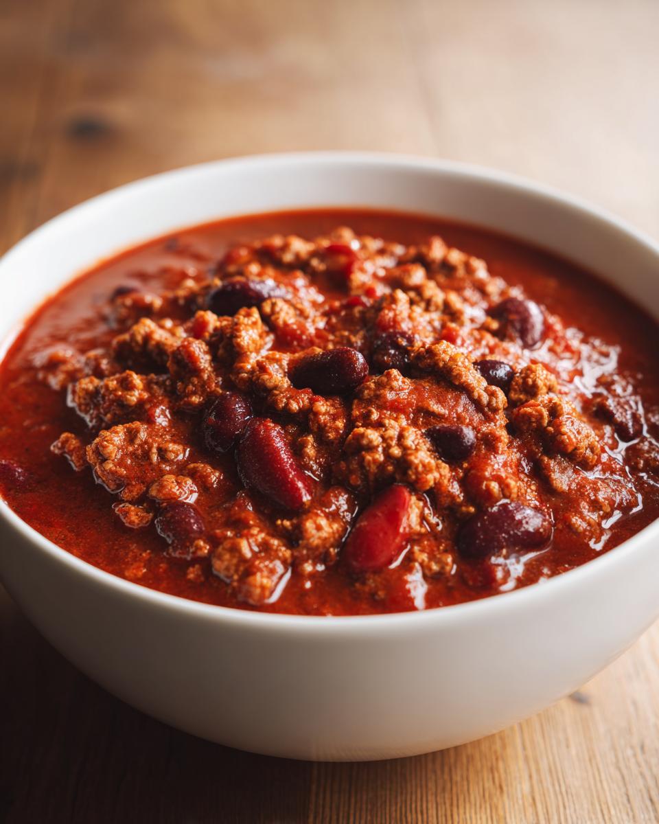 Close-up of a white bowl filled with rich, red Healthy Turkey Chili featuring ground meat and kidney beans.