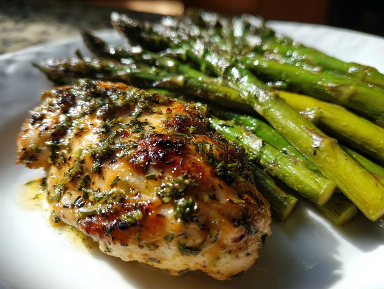 Close-up of herb-crusted chicken breast served with roasted asparagus, perfect for Quick Dinner Ideas.