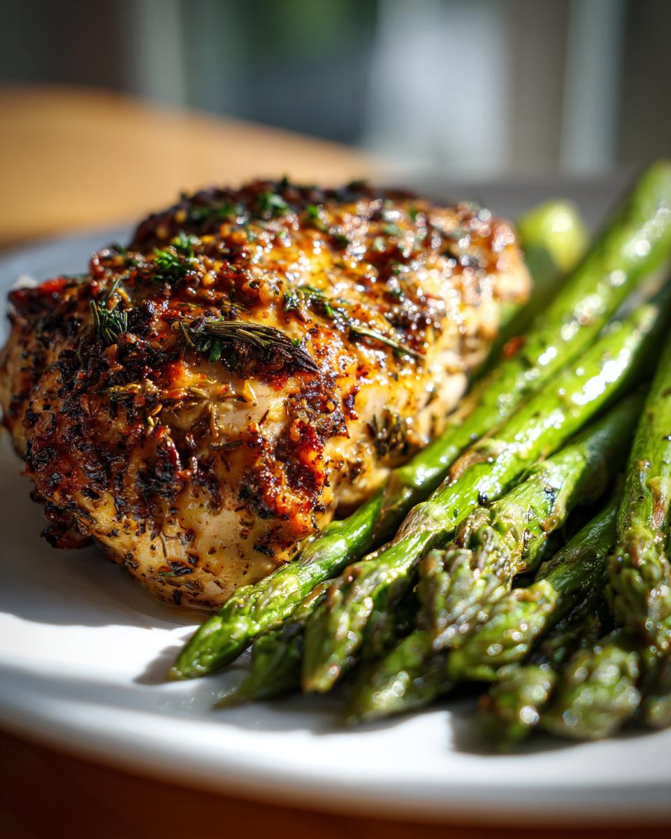 Close-up of herb-crusted chicken breast served with bright green roasted asparagus, perfect for Quick Dinner Ideas.