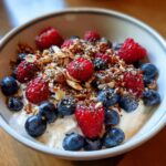 Close-up of a High-Protein Greek Yogurt Breakfast Bowl topped with fresh raspberries, blueberries, chia seeds, and nuts.