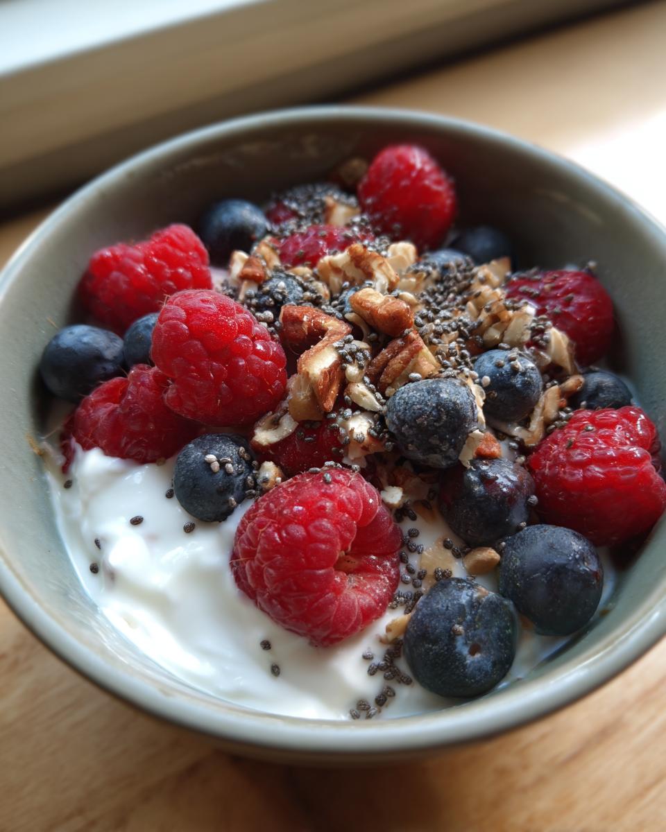 Close-up of a High-Protein Greek Yogurt Breakfast Bowl topped with fresh raspberries, blueberries, pecans, and chia seeds.