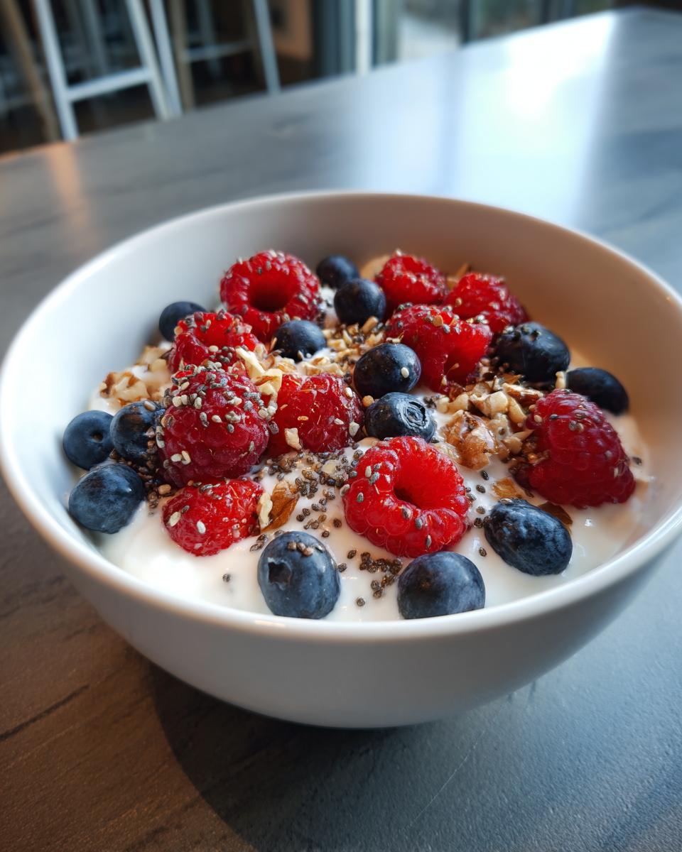 A white bowl filled with High-Protein Greek Yogurt Breakfast Bowl topped with fresh raspberries, blueberries, nuts, and chia seeds.