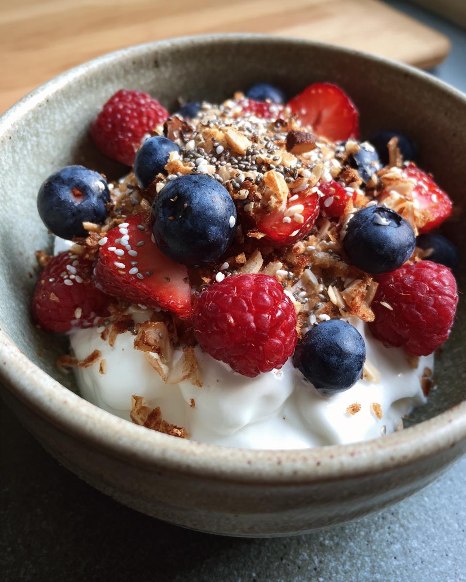 Close-up of a High-Protein Greek Yogurt Breakfast Bowl topped with fresh blueberries, raspberries, strawberries, and granola.
