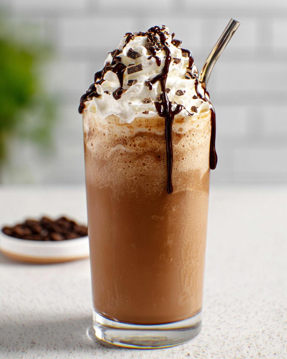 A tall glass of homemade Mocha Frappuccino topped with whipped cream, chocolate drizzle, and shavings, with coffee beans blurred in the background.