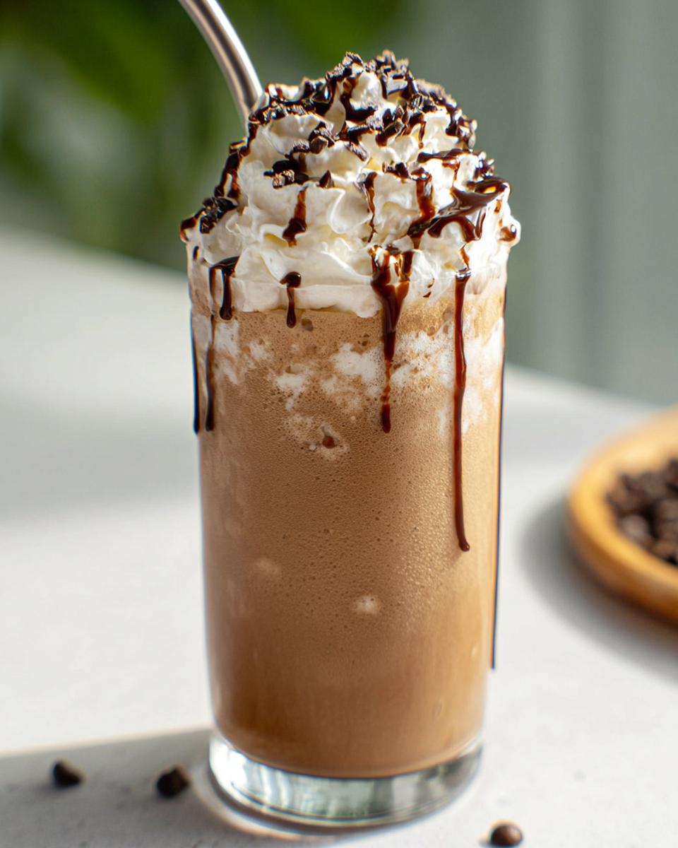 A tall glass filled with a blended Mocha Frappuccino, topped high with whipped cream, chocolate syrup drizzle, and shavings.