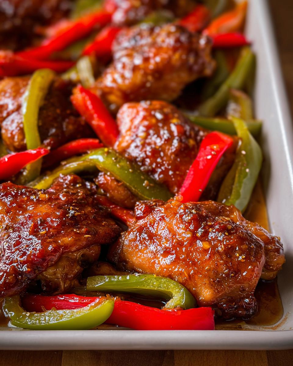 Close-up of glazed Honey Garlic Chicken Thighs (Sheet Pan) baked with vibrant red and green bell pepper strips.