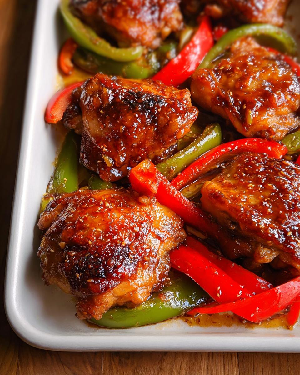 Close-up of baked Honey Garlic Chicken Thighs (Sheet Pan) glazed with sauce and served with red and green bell peppers.