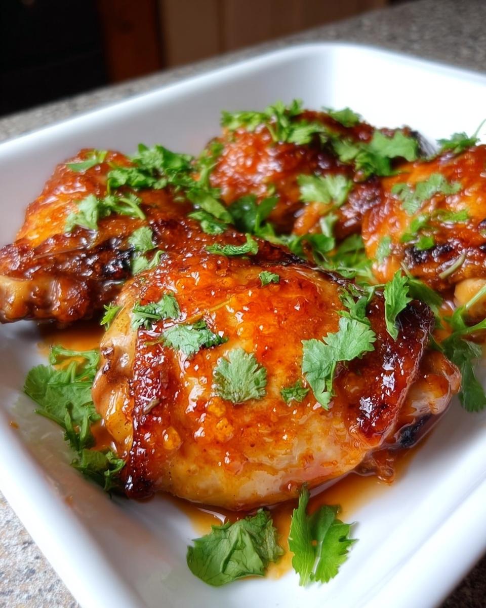 Close-up of glossy, glazed Honey Sriracha Chicken Thighs garnished with fresh cilantro in a white dish.