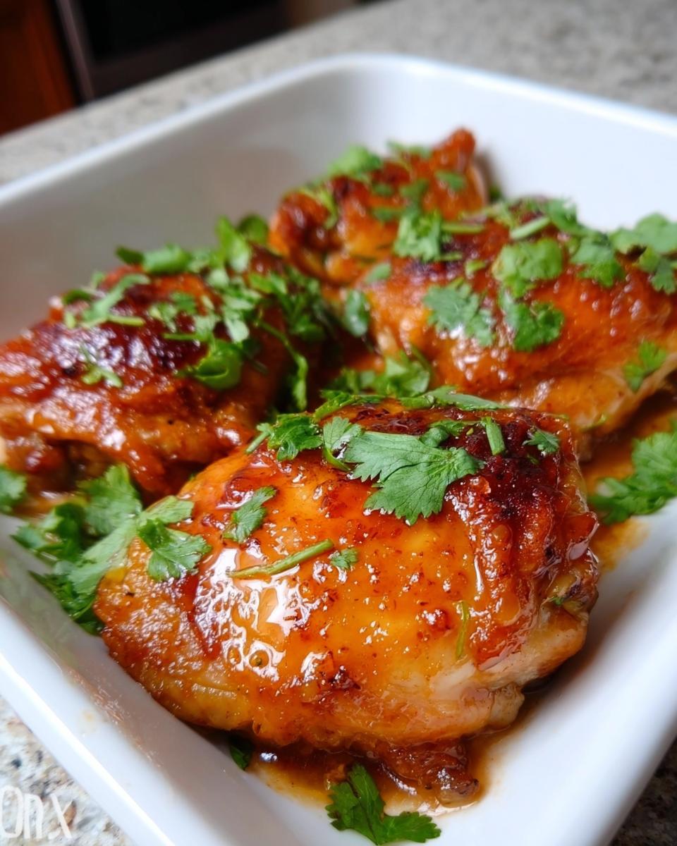 Close-up of glossy, glazed Honey Sriracha Chicken Thighs topped with fresh cilantro in a white serving dish.
