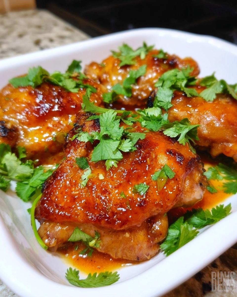 Close-up of glazed Honey Sriracha Chicken Thighs topped generously with fresh cilantro.