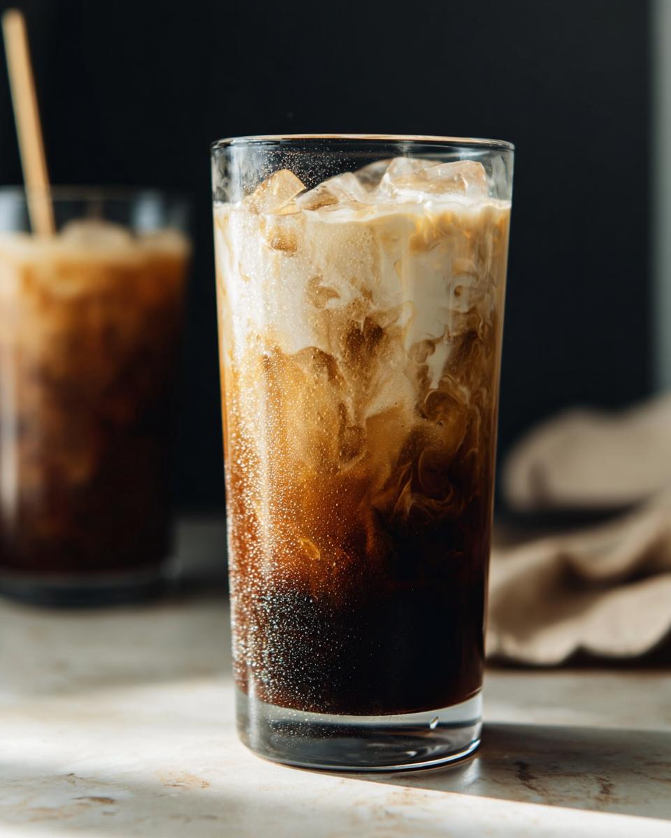 Close-up of an Iced Brown Sugar Oatmilk Shaken Espresso with ice cubes and swirling oatmilk.
