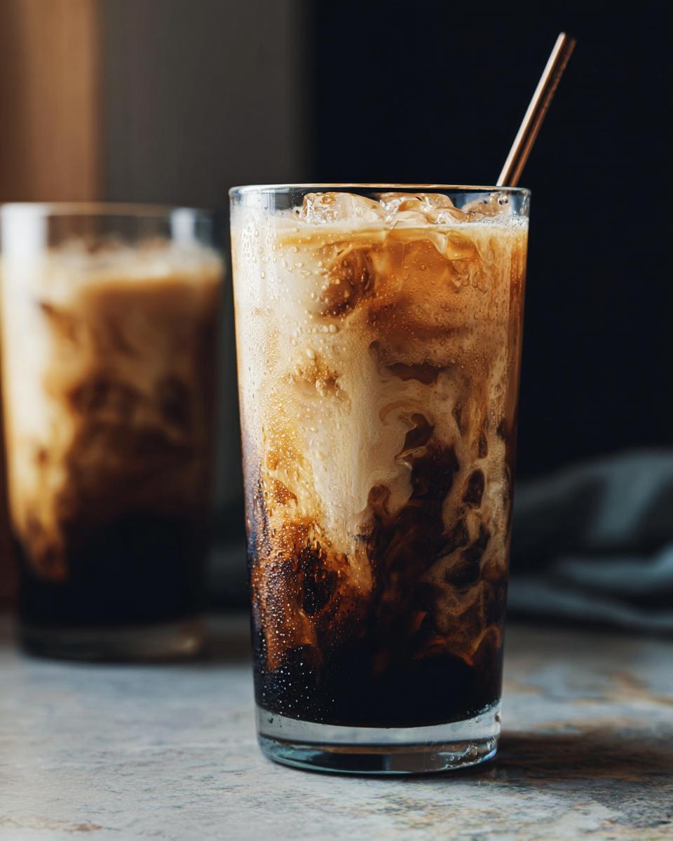 Close-up of a tall glass filled with Iced Brown Sugar Oatmilk Shaken Espresso, showing swirling layers of dark coffee and creamy oat milk.