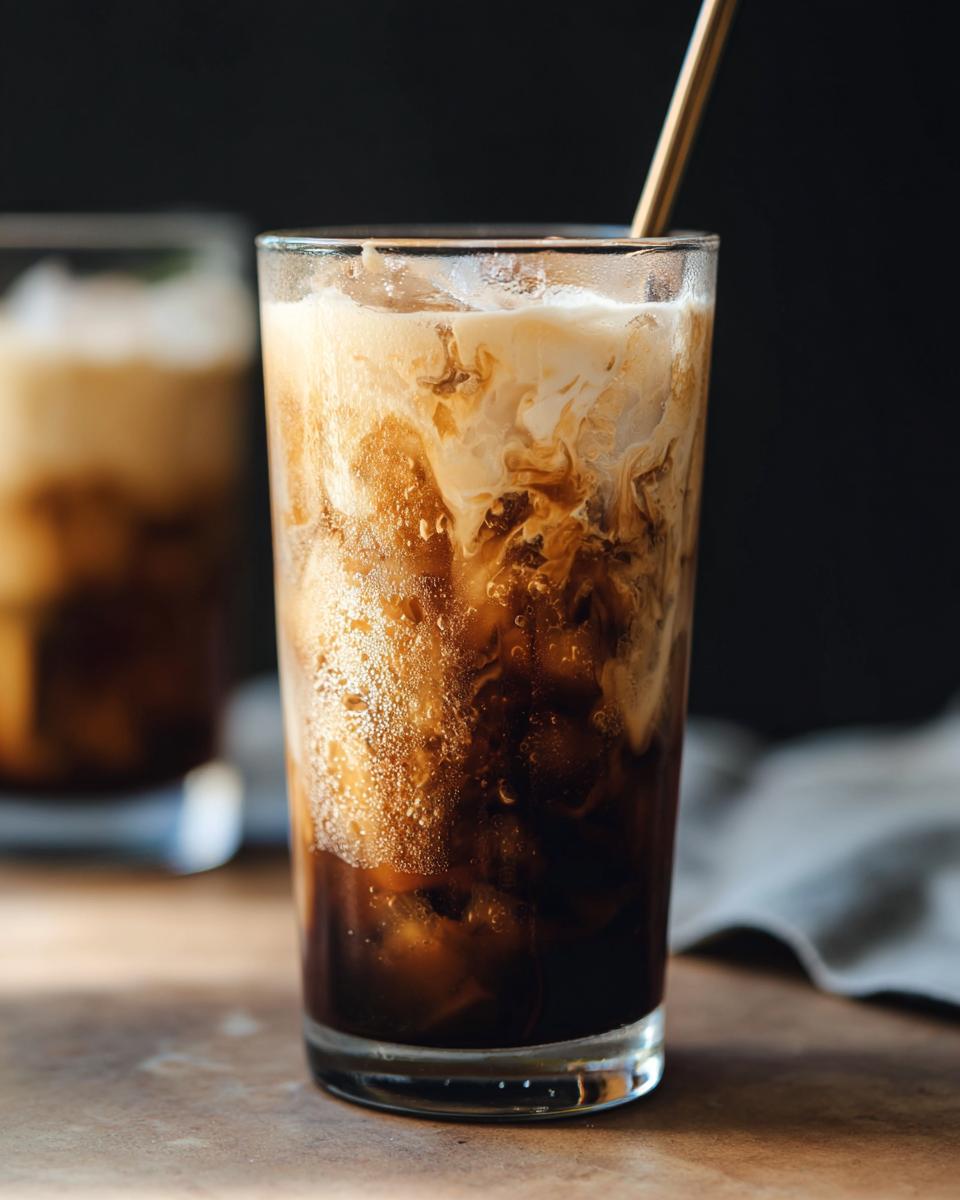 Close-up of an Iced Brown Sugar Oatmilk Shaken Espresso with creamy oatmilk swirling into dark coffee over ice.