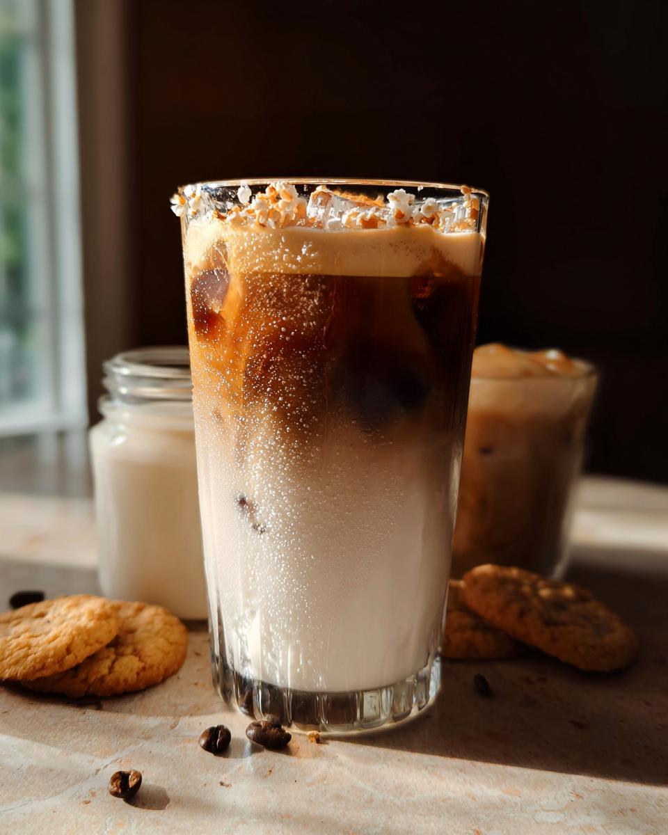 A tall glass of iced Sugar Cookie Latte at Home showing layers of milk, espresso, and a creamy topping sprinkled with cookie crumbles.