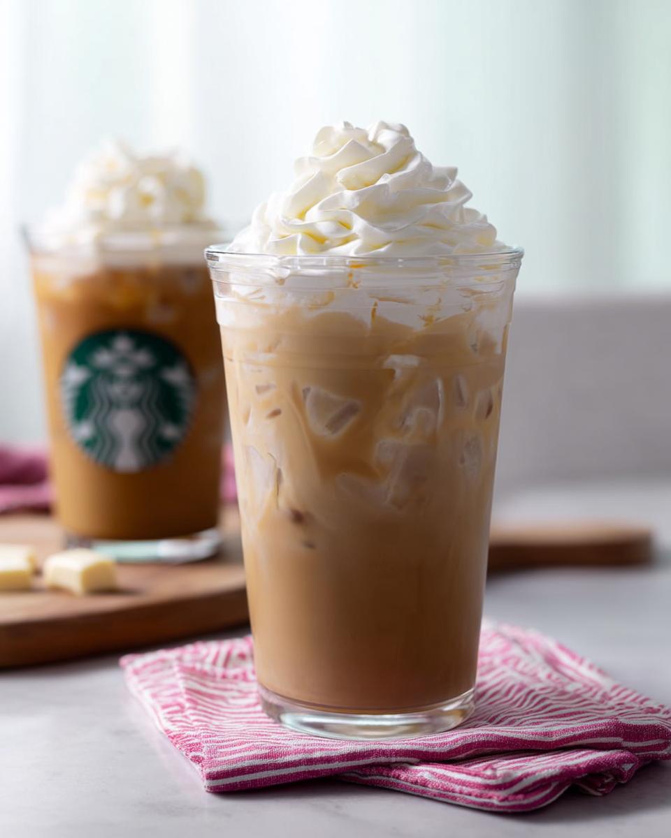 Close-up of a tall glass filled with an Iced White Chocolate Mocha topped with whipped cream, with another drink in the background.