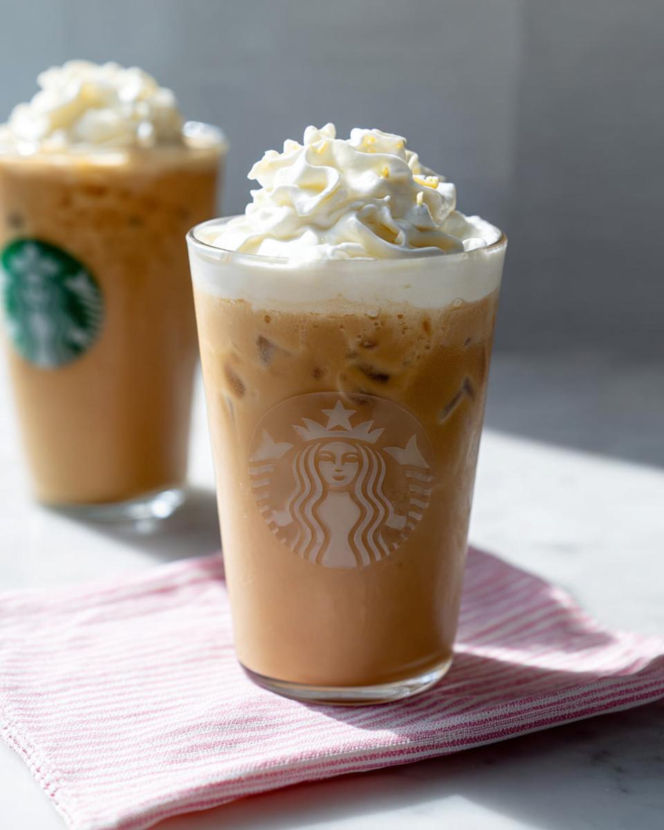 A tall glass featuring an Iced White Chocolate Mocha (Classic) topped with whipped cream, sitting on a pink striped napkin.