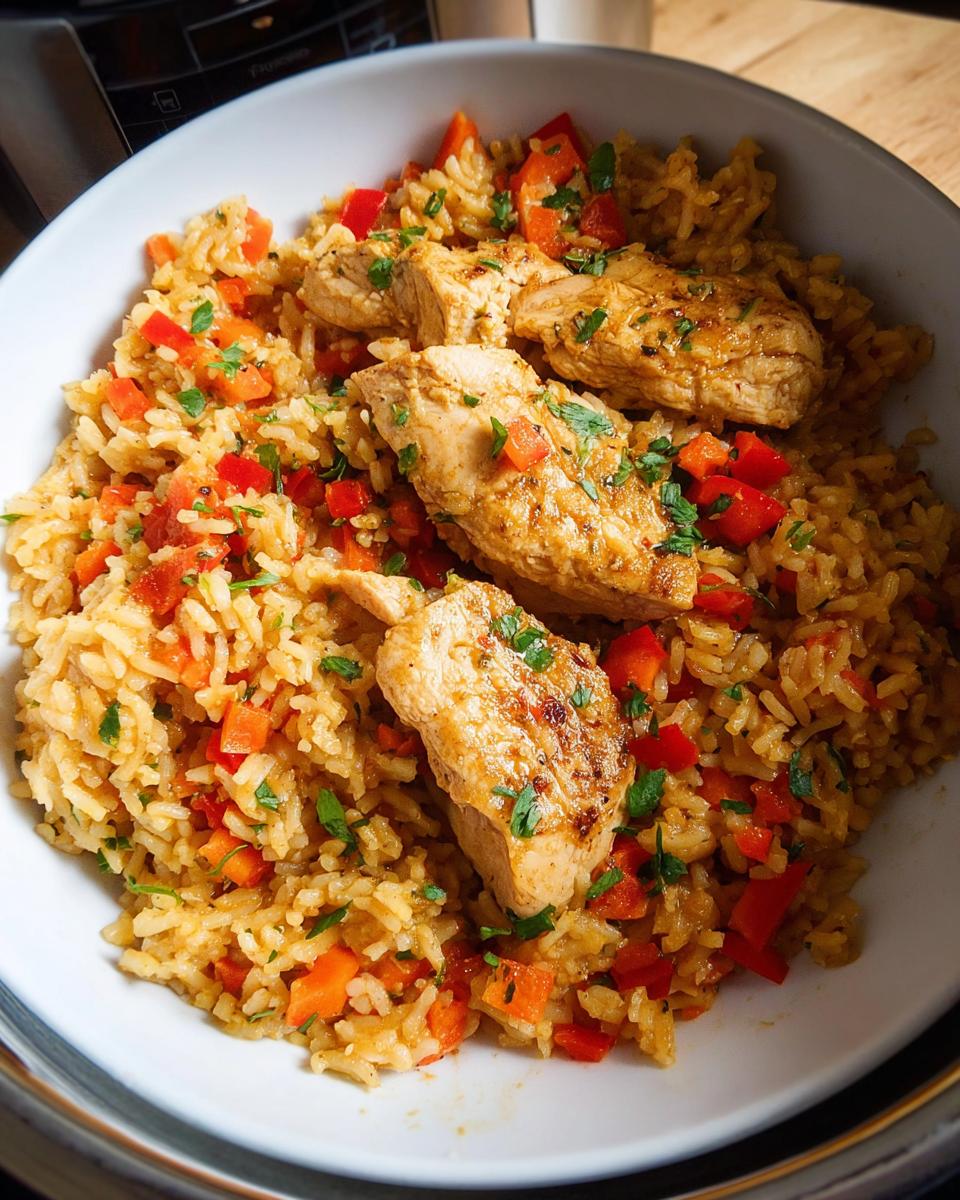 A white bowl filled with seasoned rice, diced red peppers, and three pieces of cooked chicken, ready to eat Instant Pot Chicken & Rice.