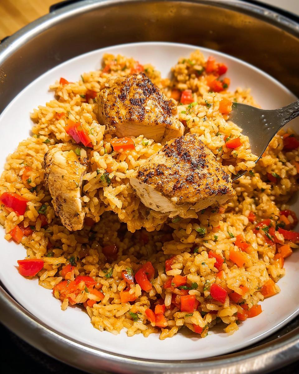 Close-up of seasoned chicken pieces served over flavorful rice and diced red peppers, lifted by a fork from a bowl inside an Instant Pot.