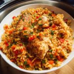 Close-up overhead view of a white bowl filled with seasoned Instant Pot Chicken & Rice, topped with seared chicken pieces and fresh parsley.