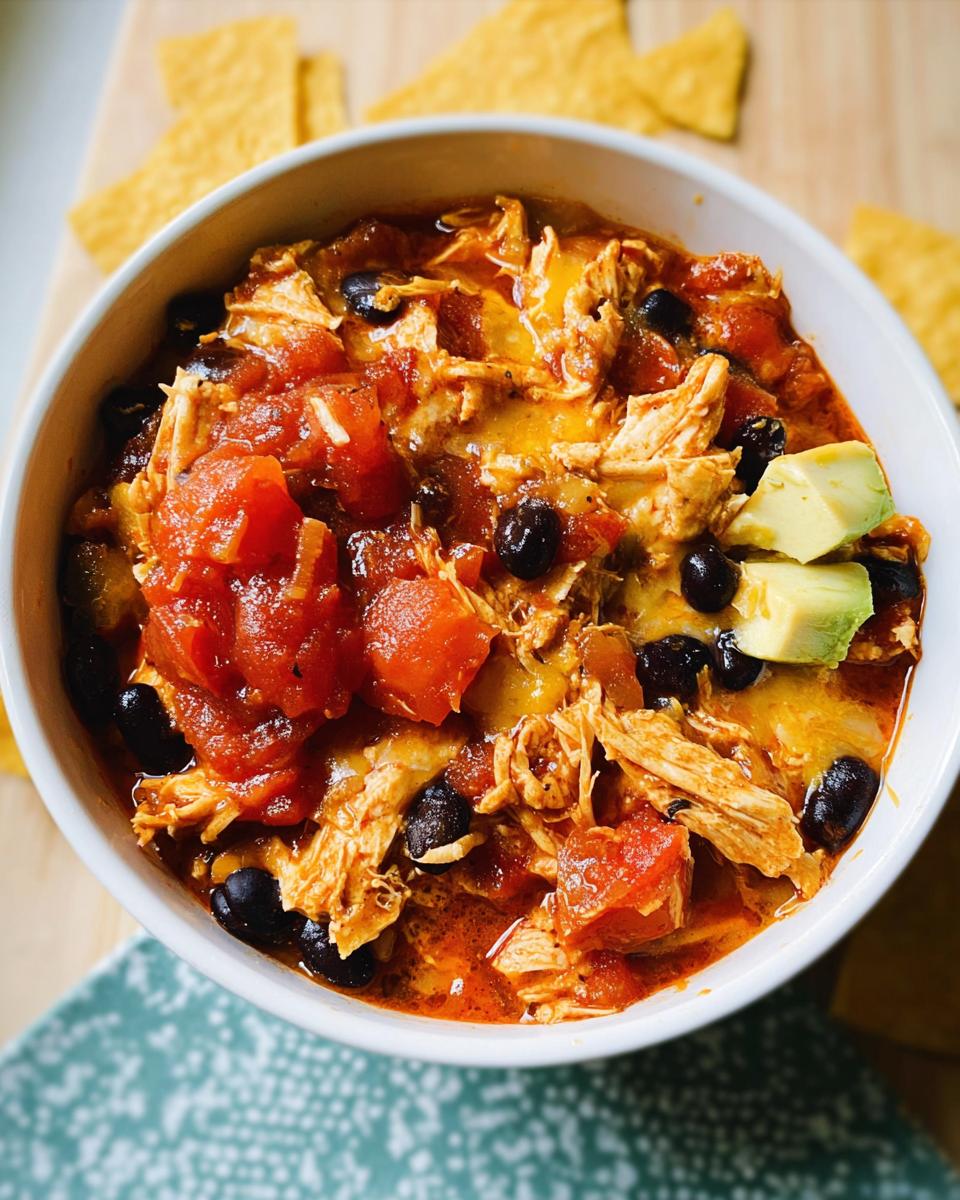 Bowl of shredded chicken chili with black beans, tomatoes, and avocado, perfect for Instant Pot Weeknight Winners.