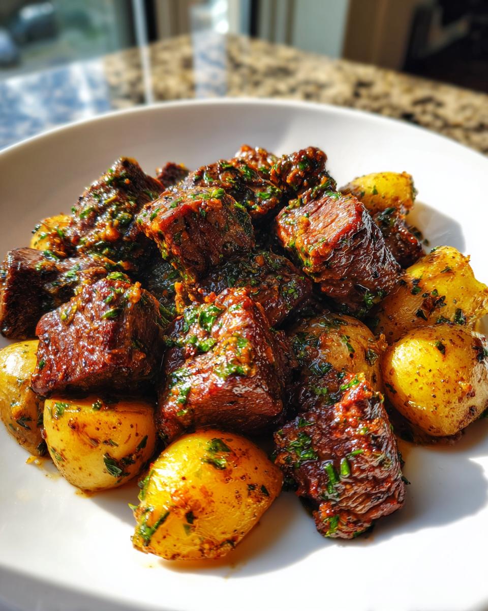 Close-up of Irresistible Garlic Butter Steak Bites & Potatoes coated in a rich, herb-flecked sauce, served in a white bowl.