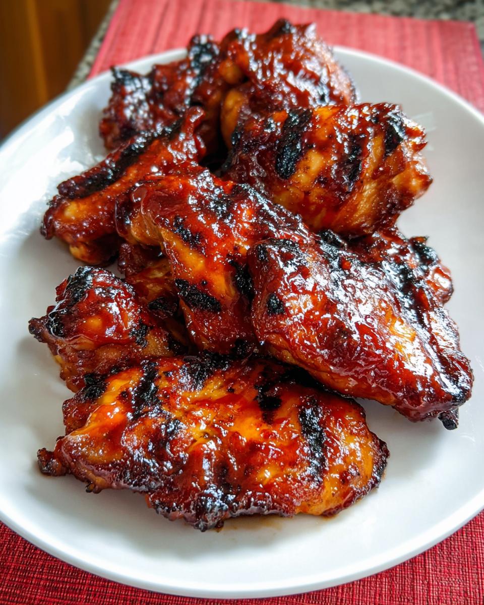 Close-up of several glistening, caramelized BBQ Chicken Thighs piled on a white plate, showing dark char marks.