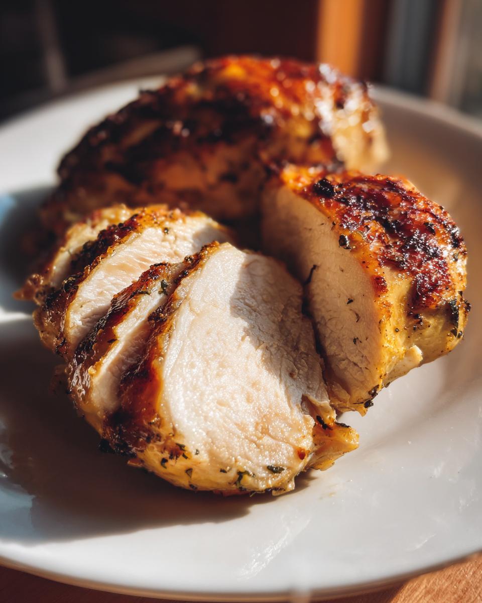 Close-up of perfectly cooked, sliced herb-roasted chicken breast, ideal for what to cook for dinner tonight.