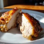 Close-up of a perfectly cooked chicken breast, cut in half, showing juicy white meat and crispy skin. Great for What To Cook For Dinner Tonight?