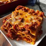 A thick, cheesy slice of lasagna, a perfect example of Family-Favorite Casseroles (Comfort), served on a white plate.